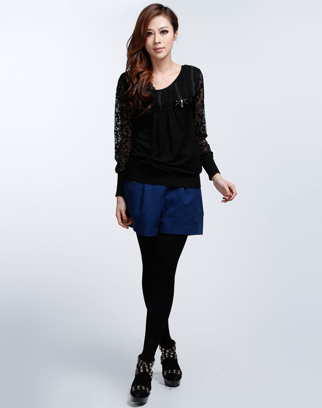 女装库存专场艺蔓yiman 黑色圆领镂空长袖针织衫