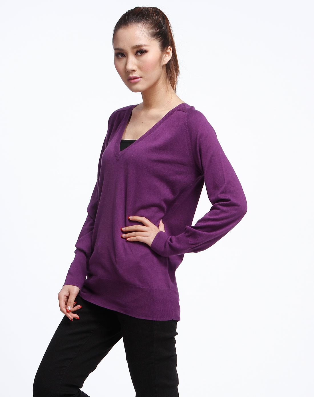 女款紫色深v长袖针织衫