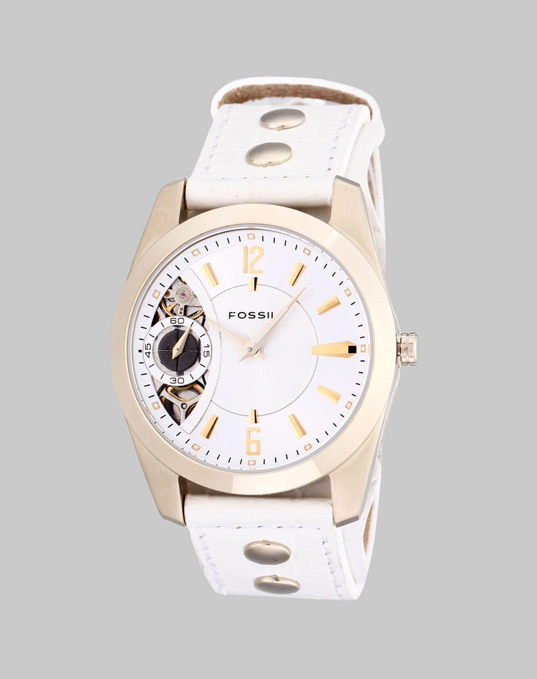 fossil男款金/白色百搭机械表