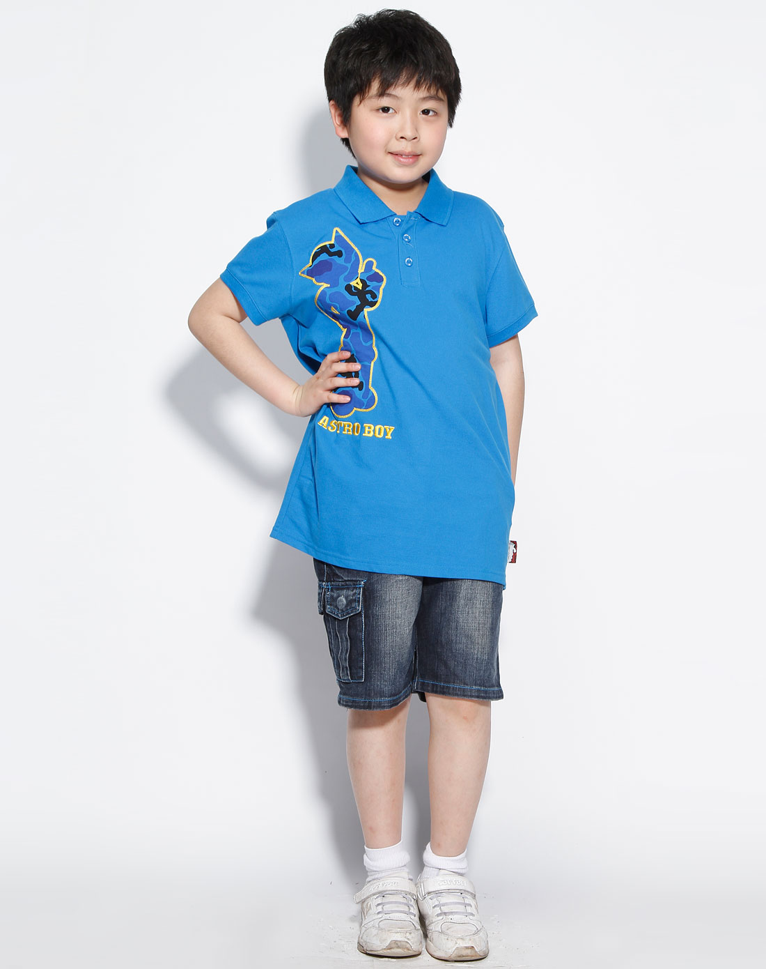 阿童木astro boy童装专场中性蓝色阿童木迷彩满地贴布绣polo