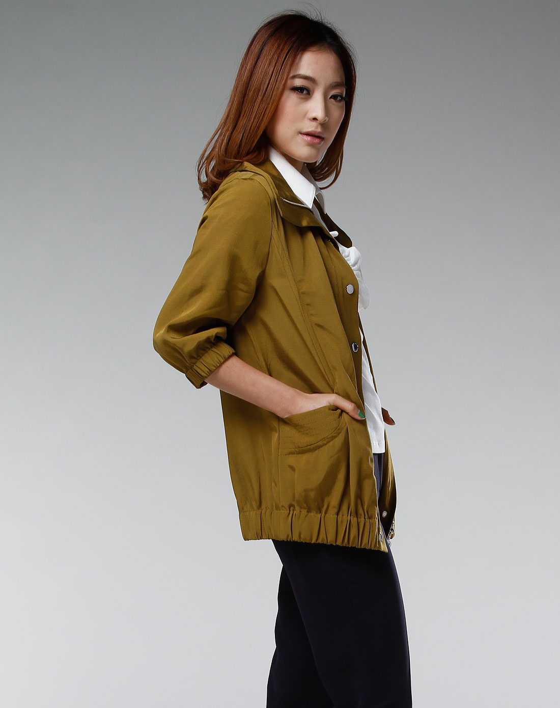 美雅高miyako女款芥黄色翻领休闲中袖外套_唯品会名牌时尚折扣网