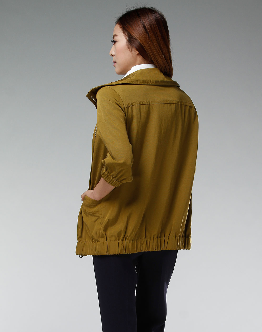 美雅高miyako女款芥黄色翻领休闲中袖外套_唯品会名牌时尚折扣网