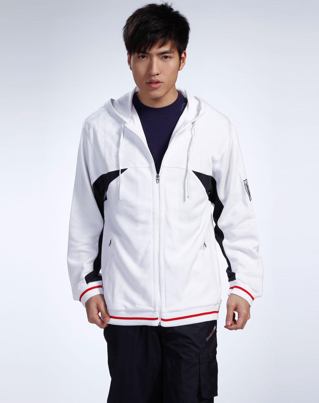锐步reebok男款白色连帽龙图案长袖外套372901_唯品会