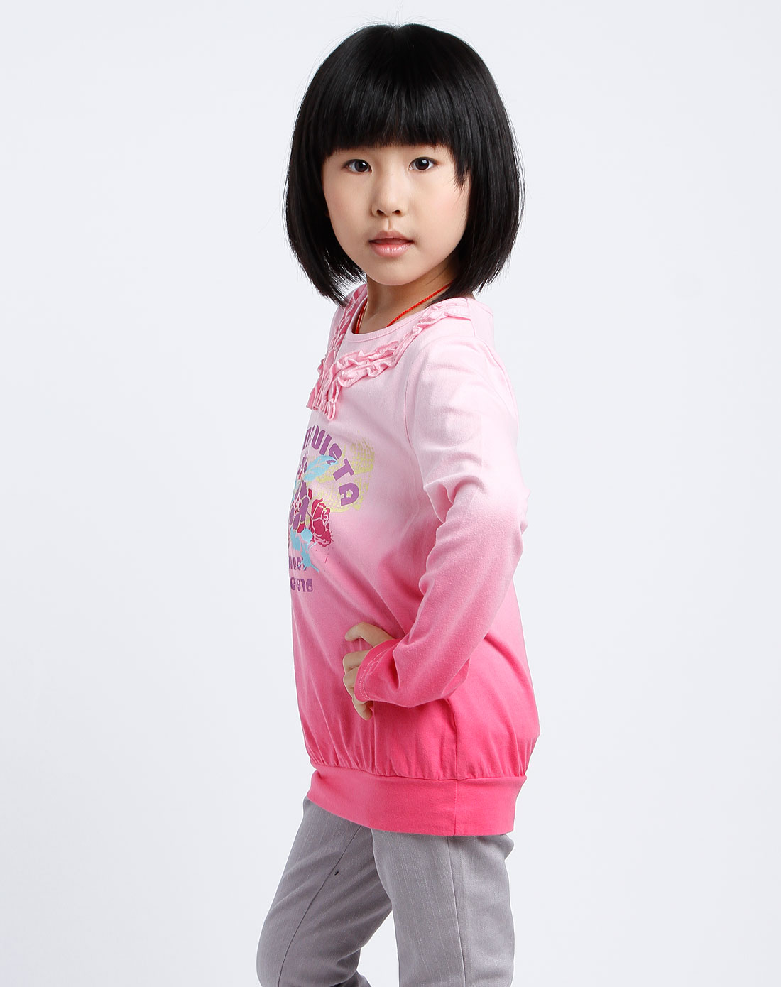 爱法贝女童粉红色渐变印花长袖上衣