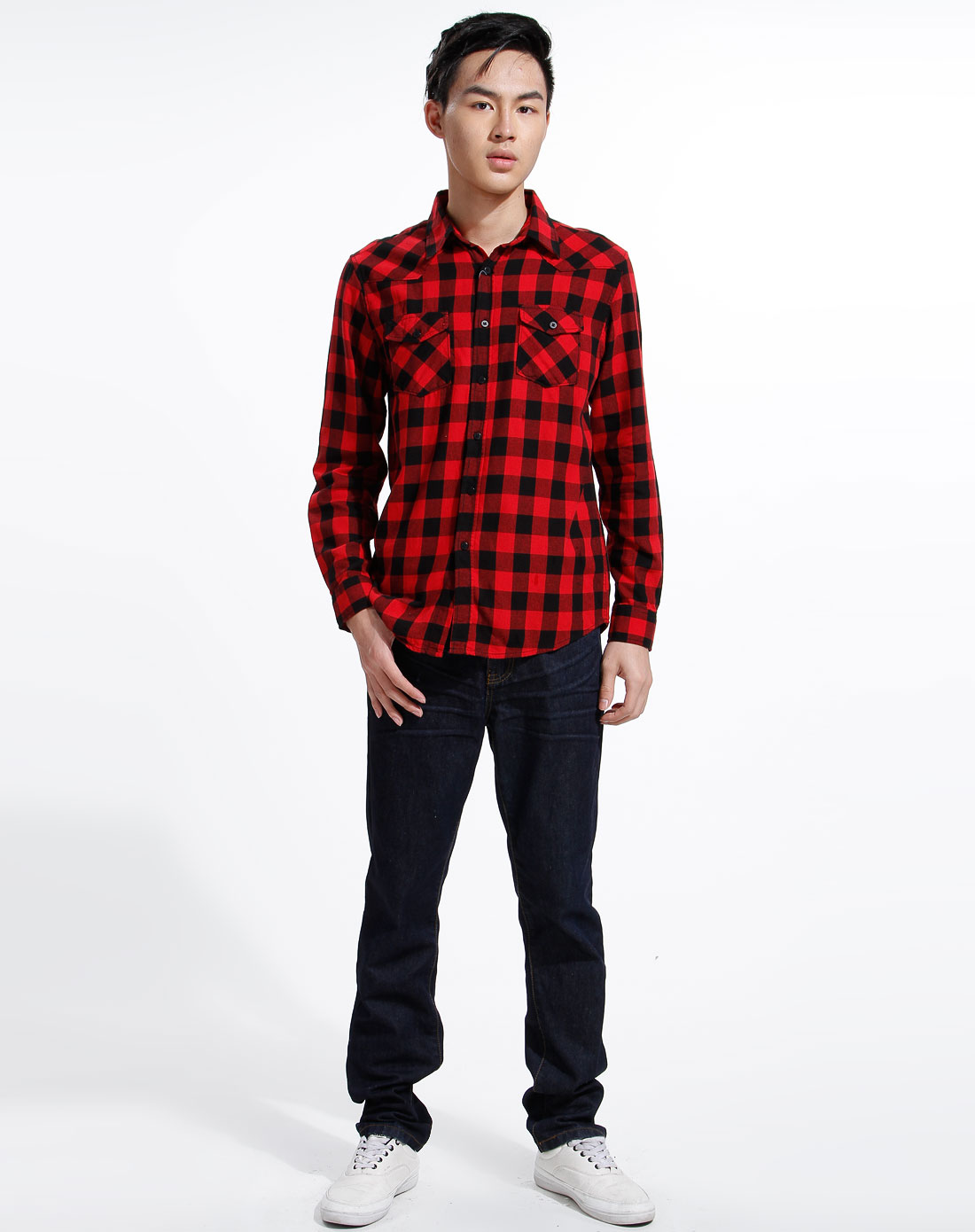 唐狮tonlion-男装专场印度红色格子休闲长袖衬衫