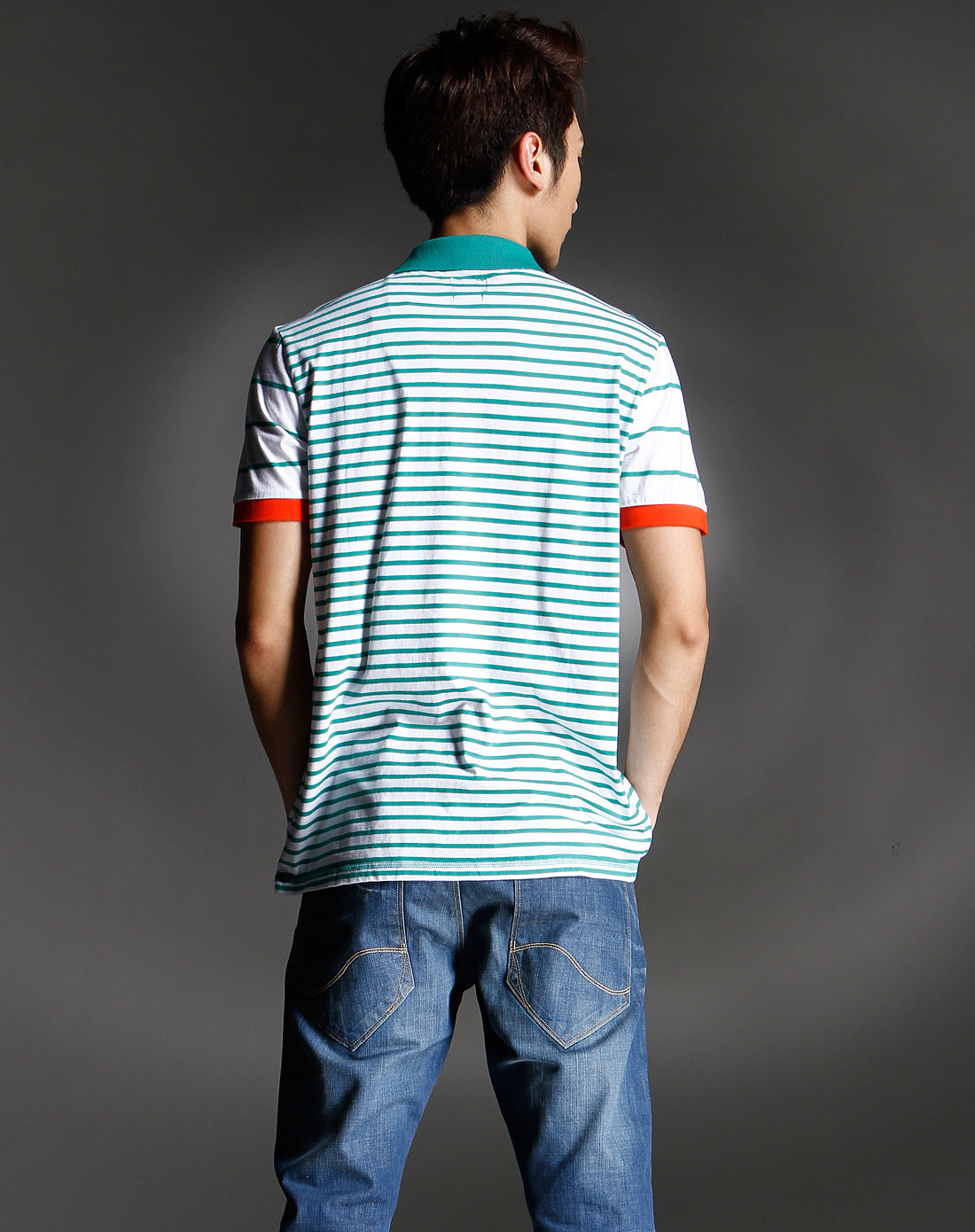 lee男装专场绿/白色翻领条纹短袖t恤