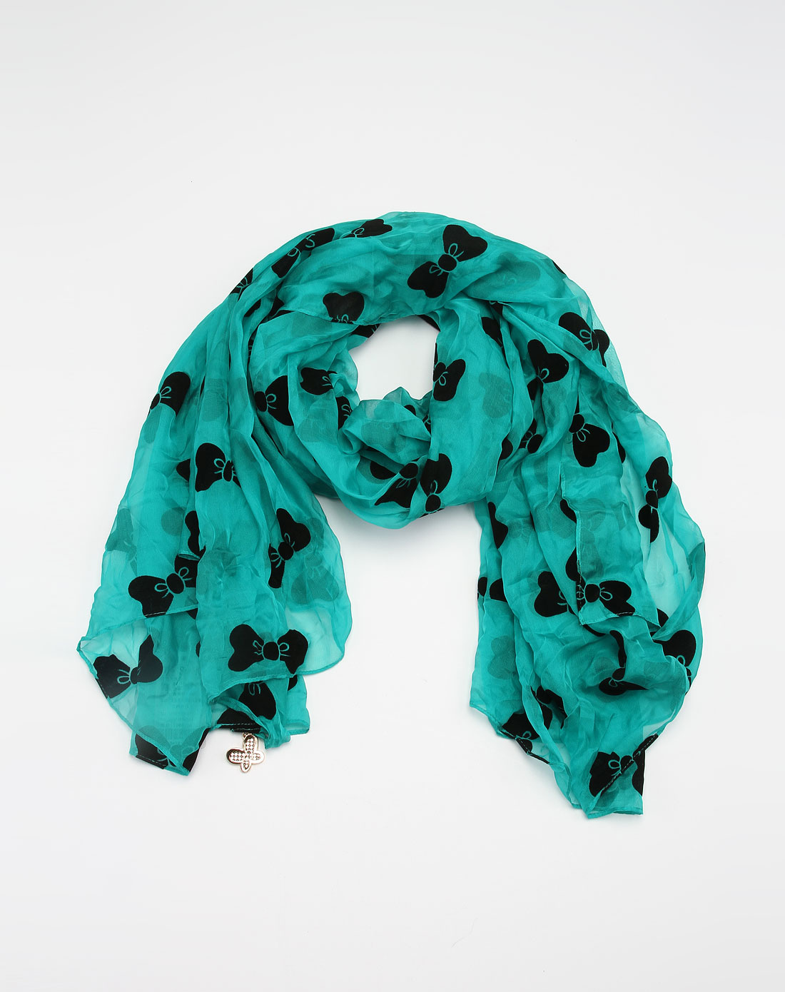 tsk绿/黑色真丝植绒蝴蝶结围巾