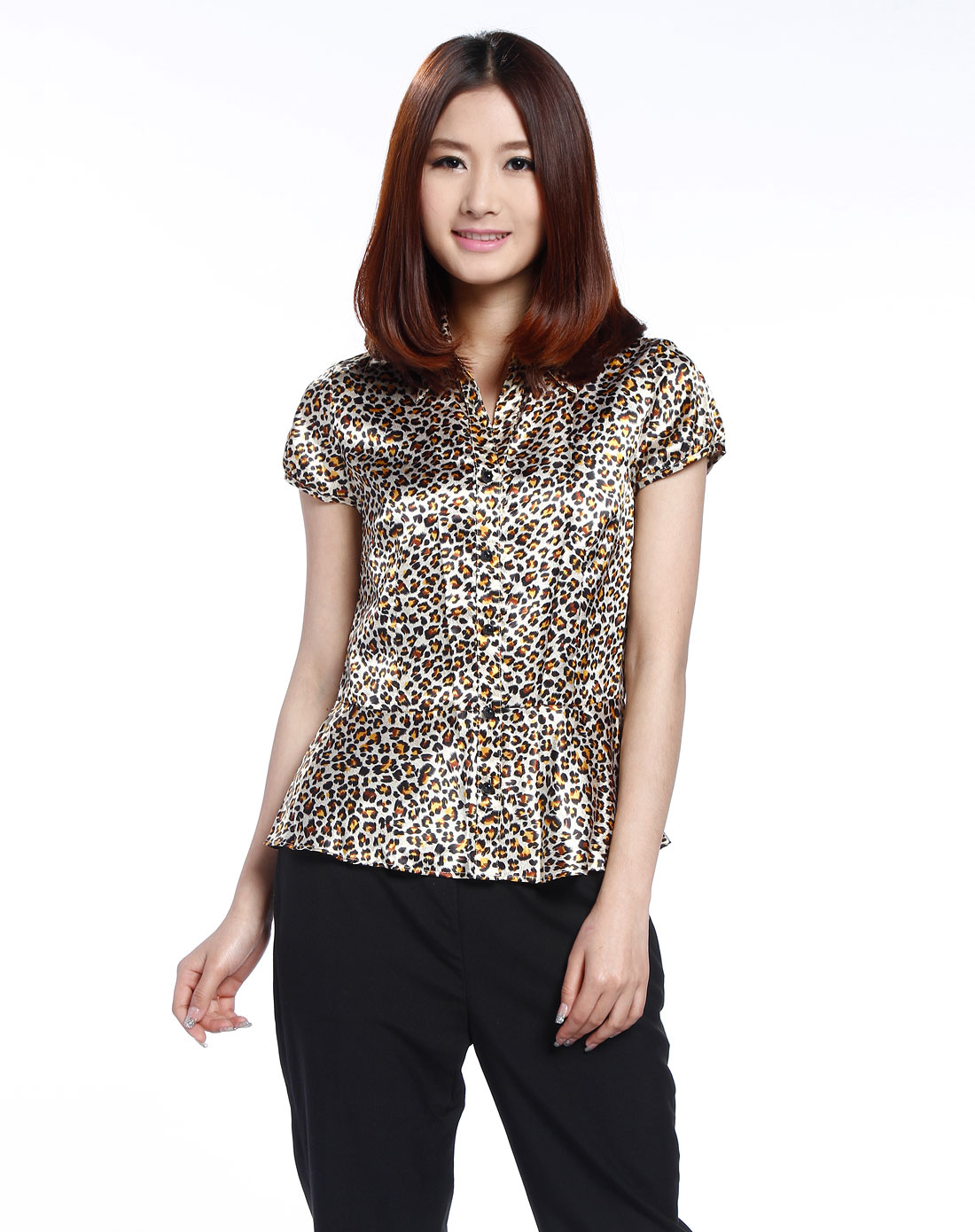女装混合专场威高wanko 金色豹纹短袖衬衫