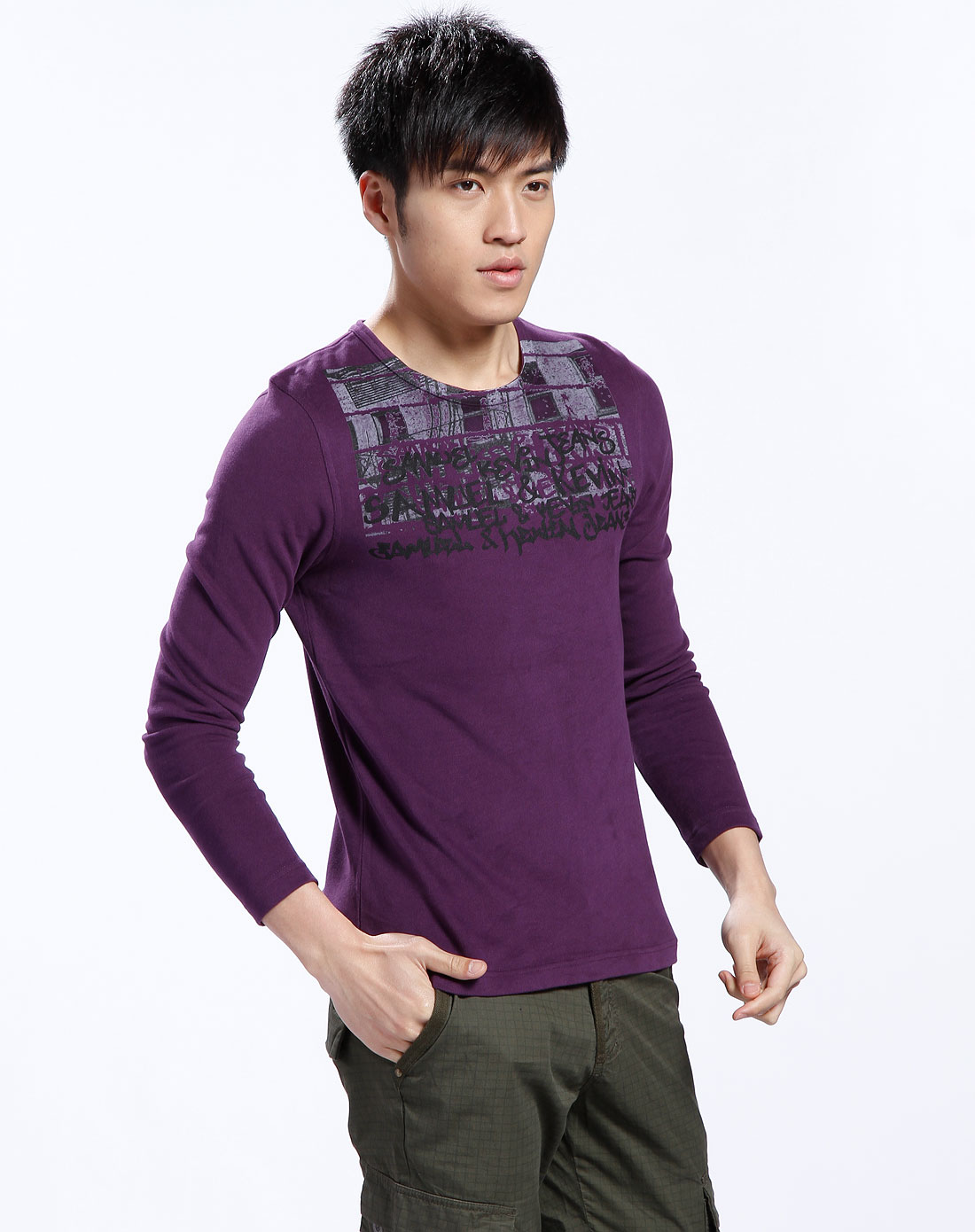 生活几何samuel&kevin男款深紫色字母印花圆领长袖上衣
