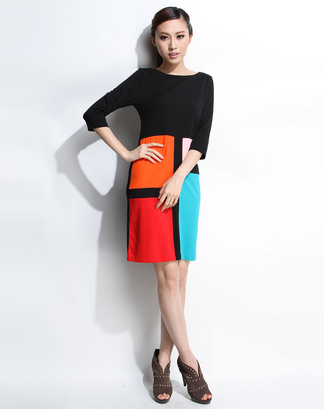 ts女装专场多色拼接修身七分袖连衣裙