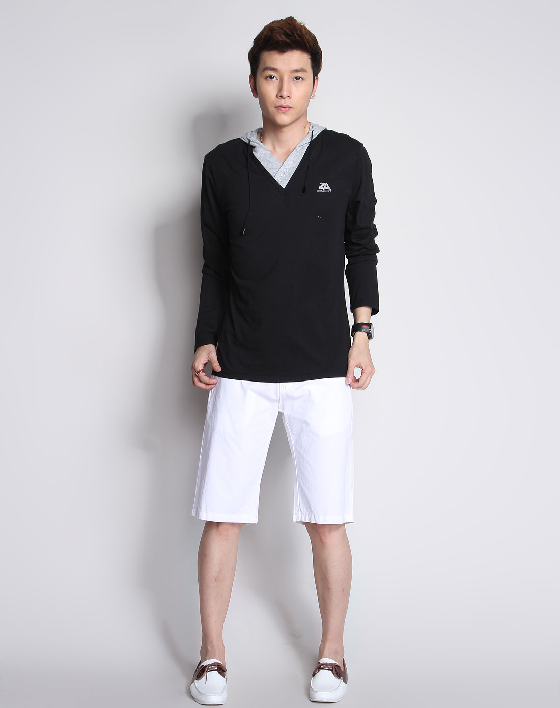 左岸男装专场黑/灰色连帽长袖休闲t恤