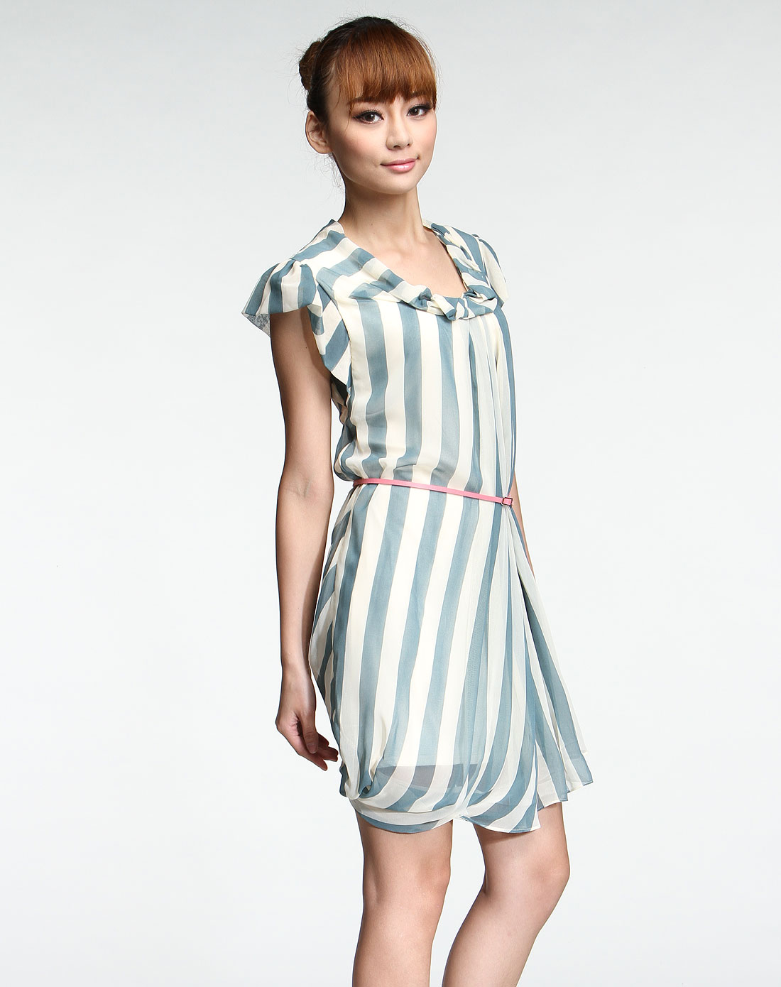 丽丽lily女装专场墨绿色休闲条纹短袖连衣裙