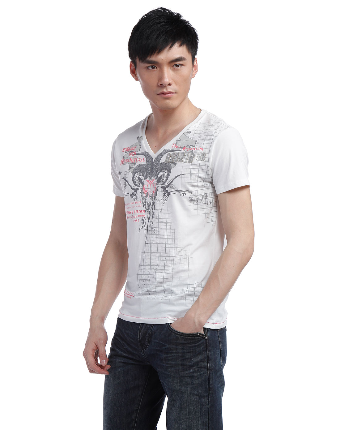 koyo米白色短袖v领t恤