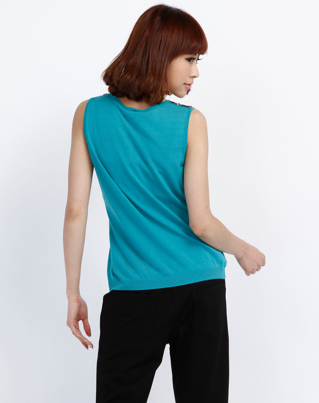 雅莹ep珊瑚绿色绣珠片时尚背心