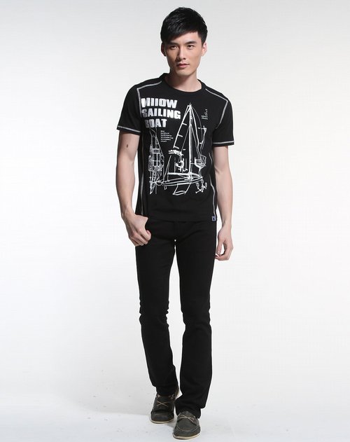 猫人miiow男装专场黑/银灰色时尚印图短袖t恤衫