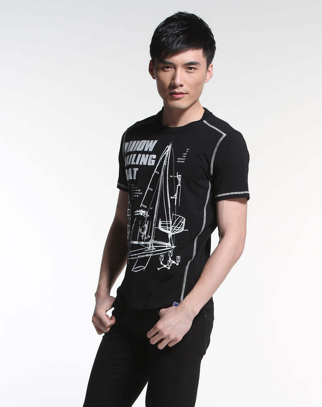 猫人miiow男装专场黑/银灰色时尚印图短袖t恤衫