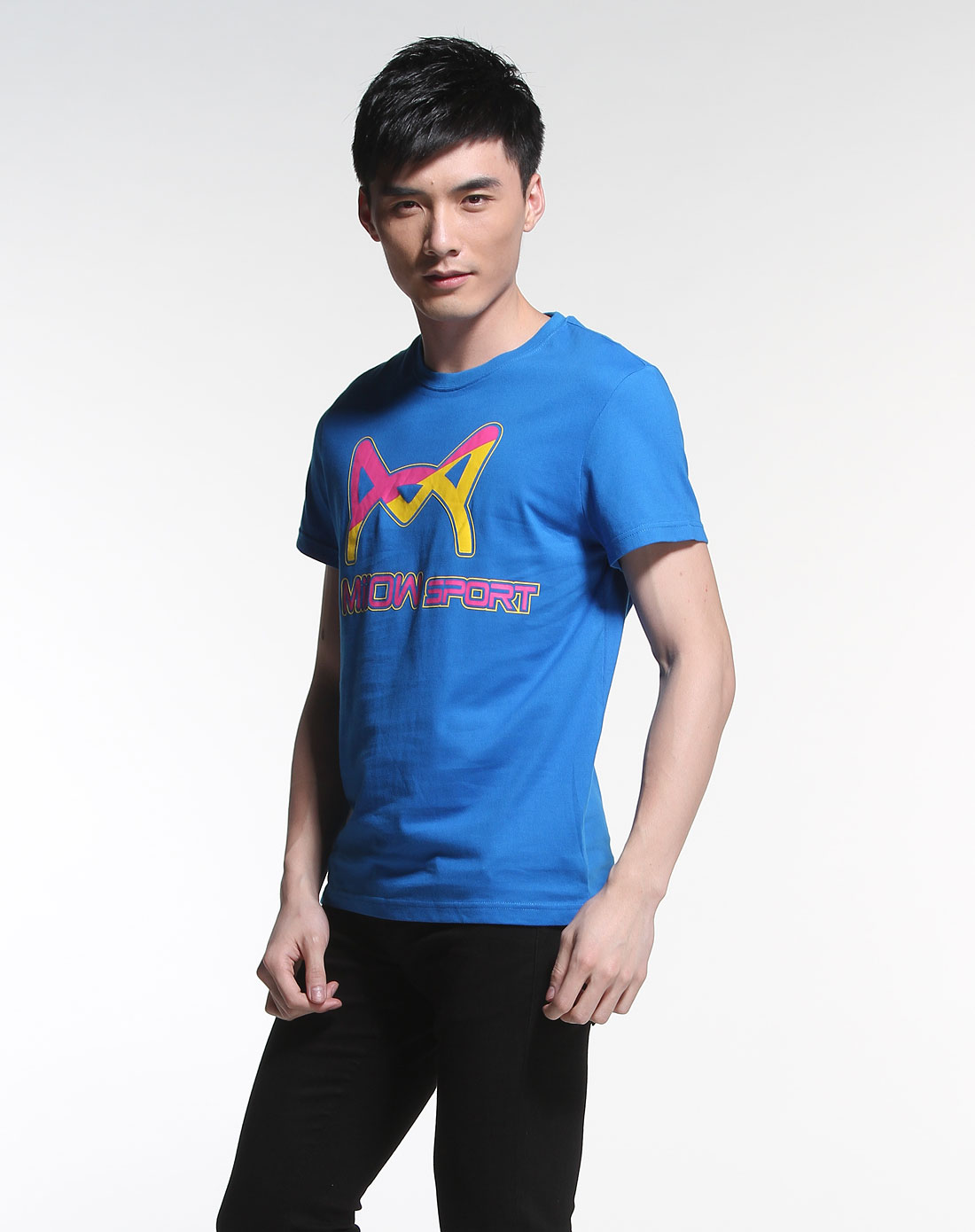 猫人miiow男装专场天蓝/黄色时尚圆领印图短袖t恤