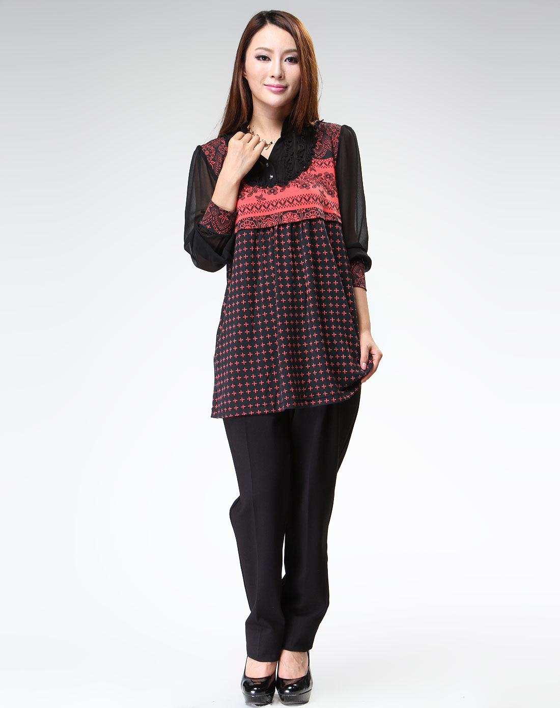 菁夫人kingfovlun女装专场橘红/黑色印花时尚长袖针织衫