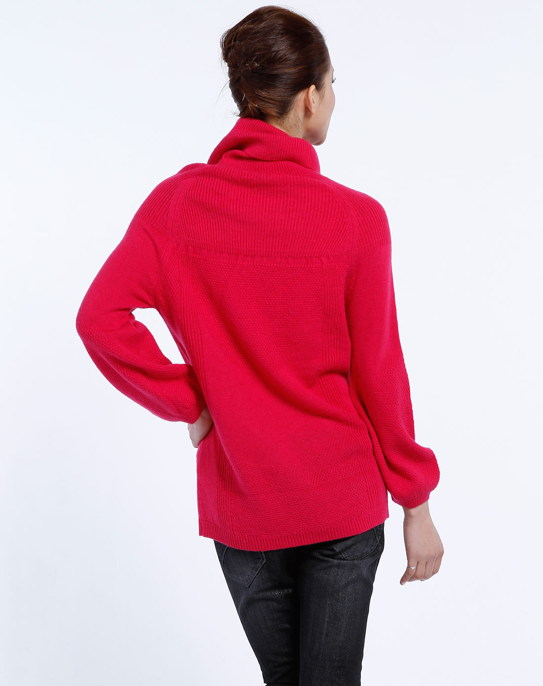 百图betu玫红色高领长袖毛衣