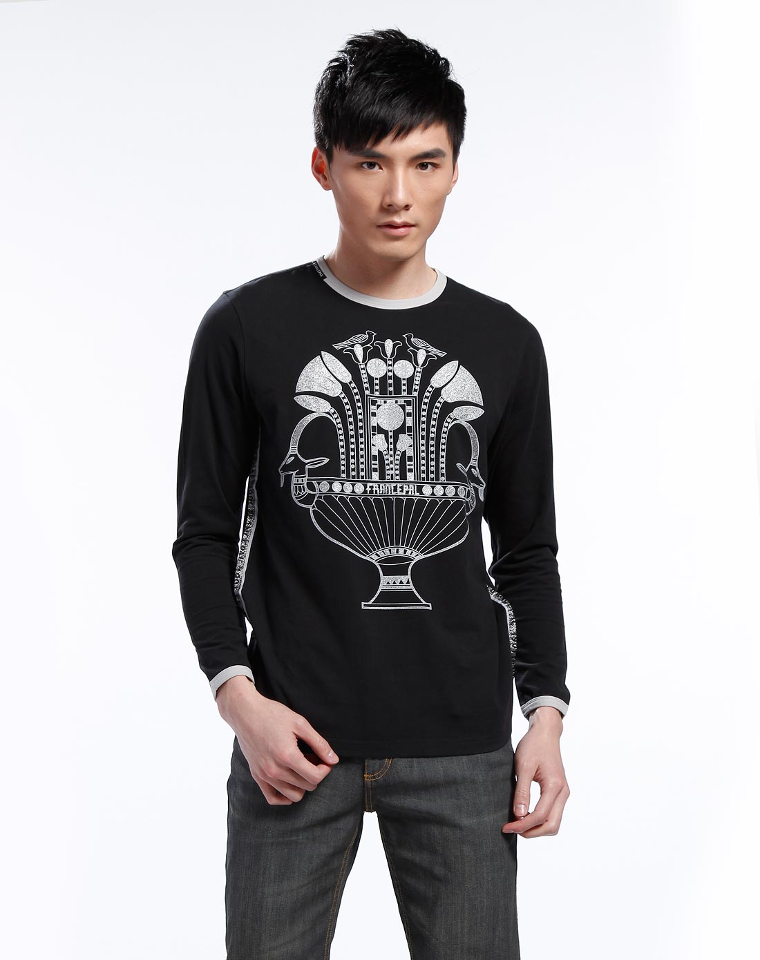 斐兰士francepal黑/灰色烫画长袖t恤