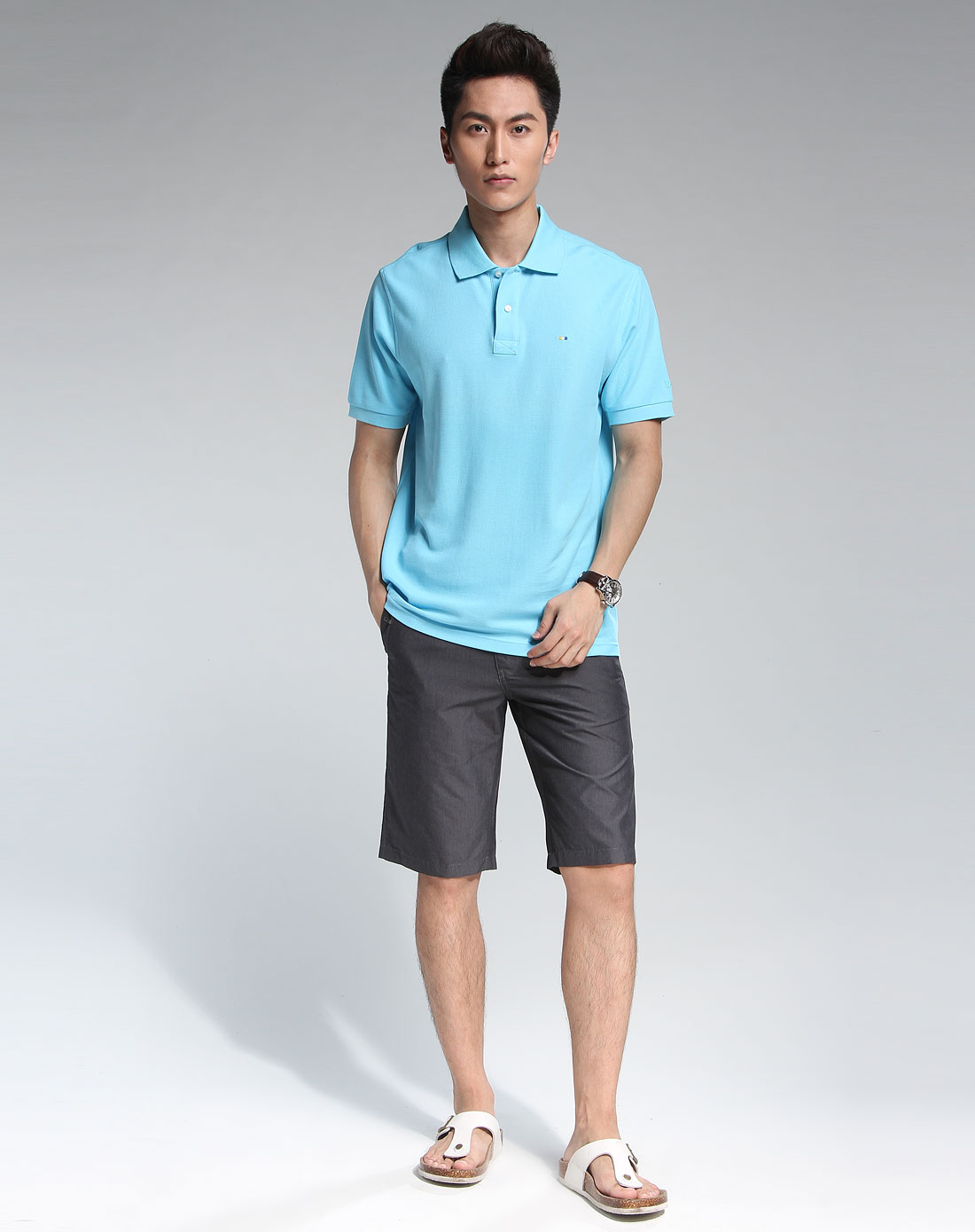 ucla男装专场湖蓝色简约短袖polo衫