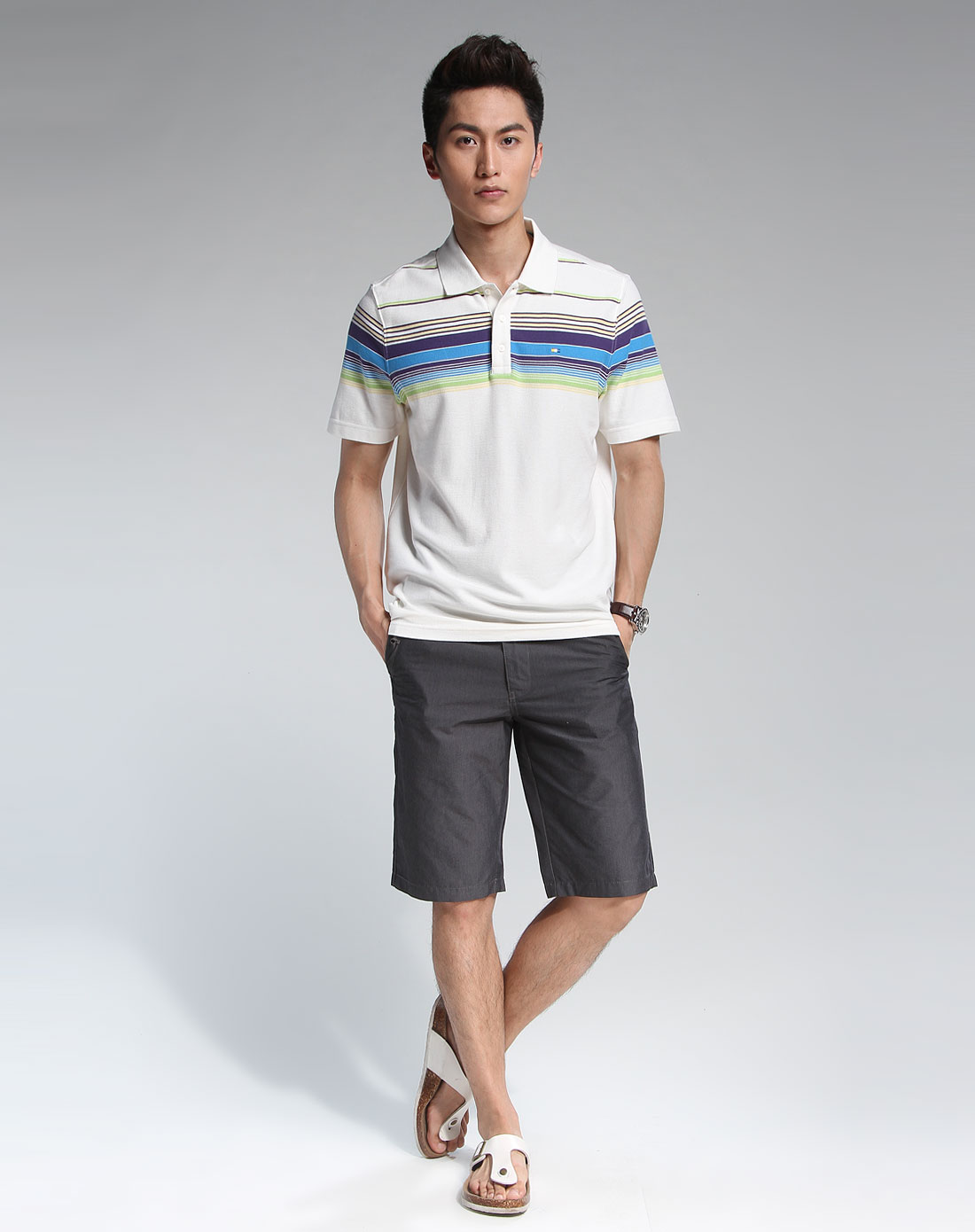 ucla男装专场米白色休闲短袖polo衫