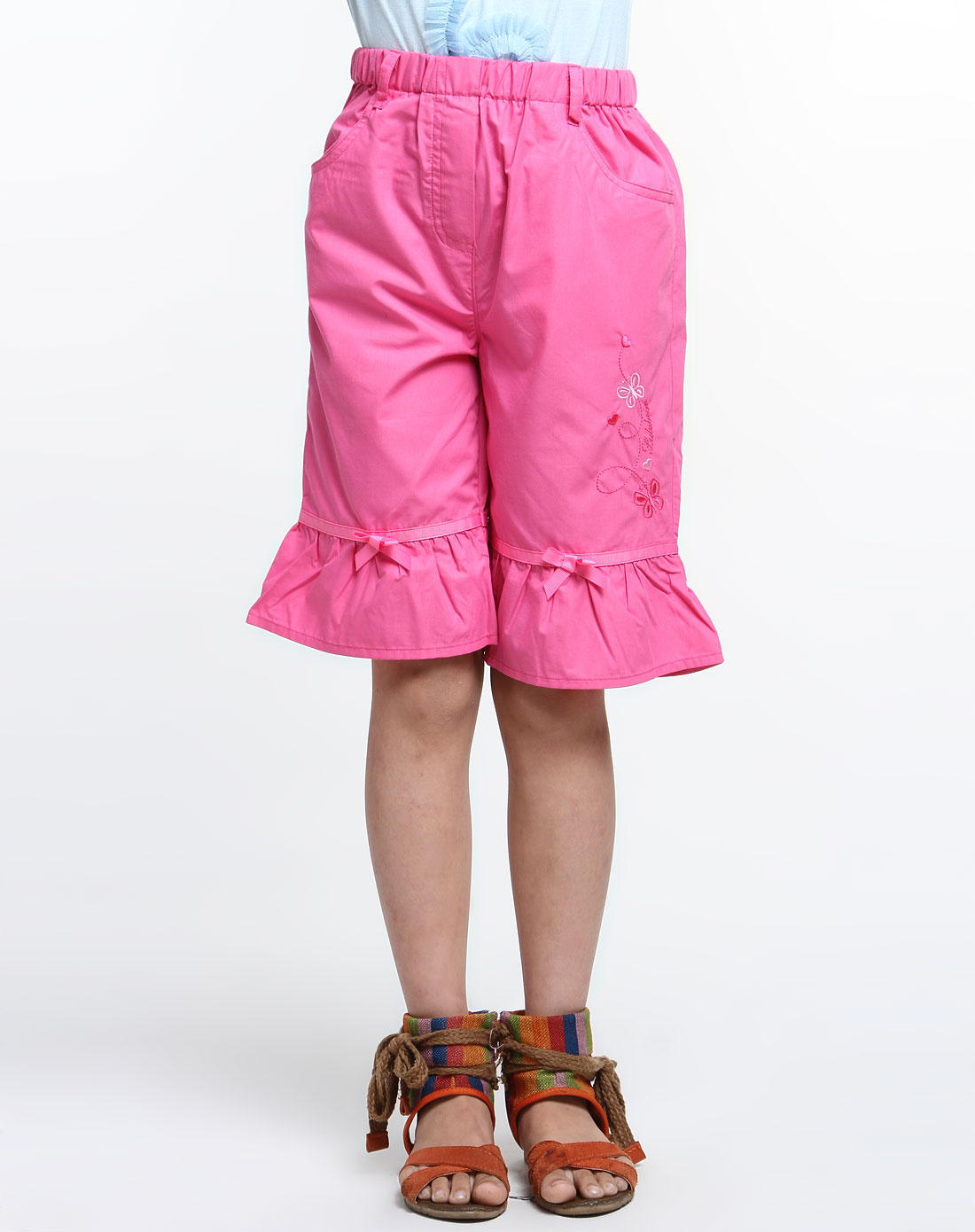 噜噜贝尔男女童混合专场女童玫红色绣花时尚中裤