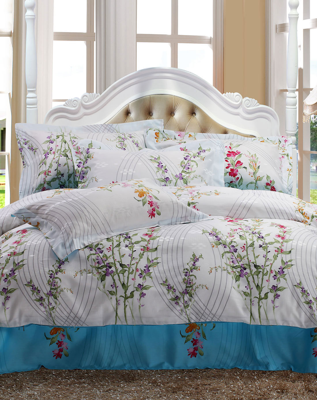 乐加lehome家纺专场lehome 全棉大提花 床单四件套 淡水河边 蓝白 1.