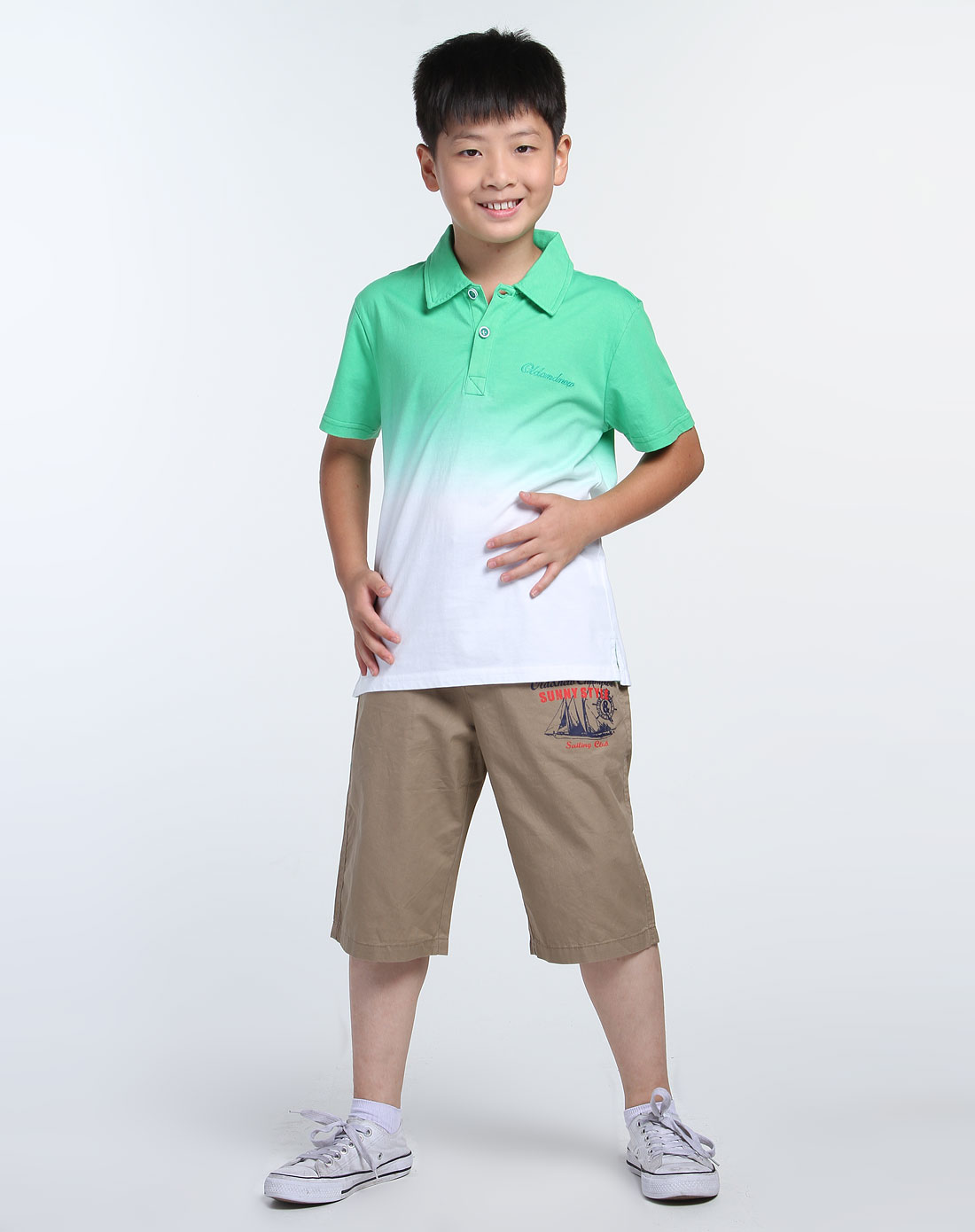 鎏恒色新锐少年装old&new男女童混合专场男童白/绿色休闲短袖polo衫