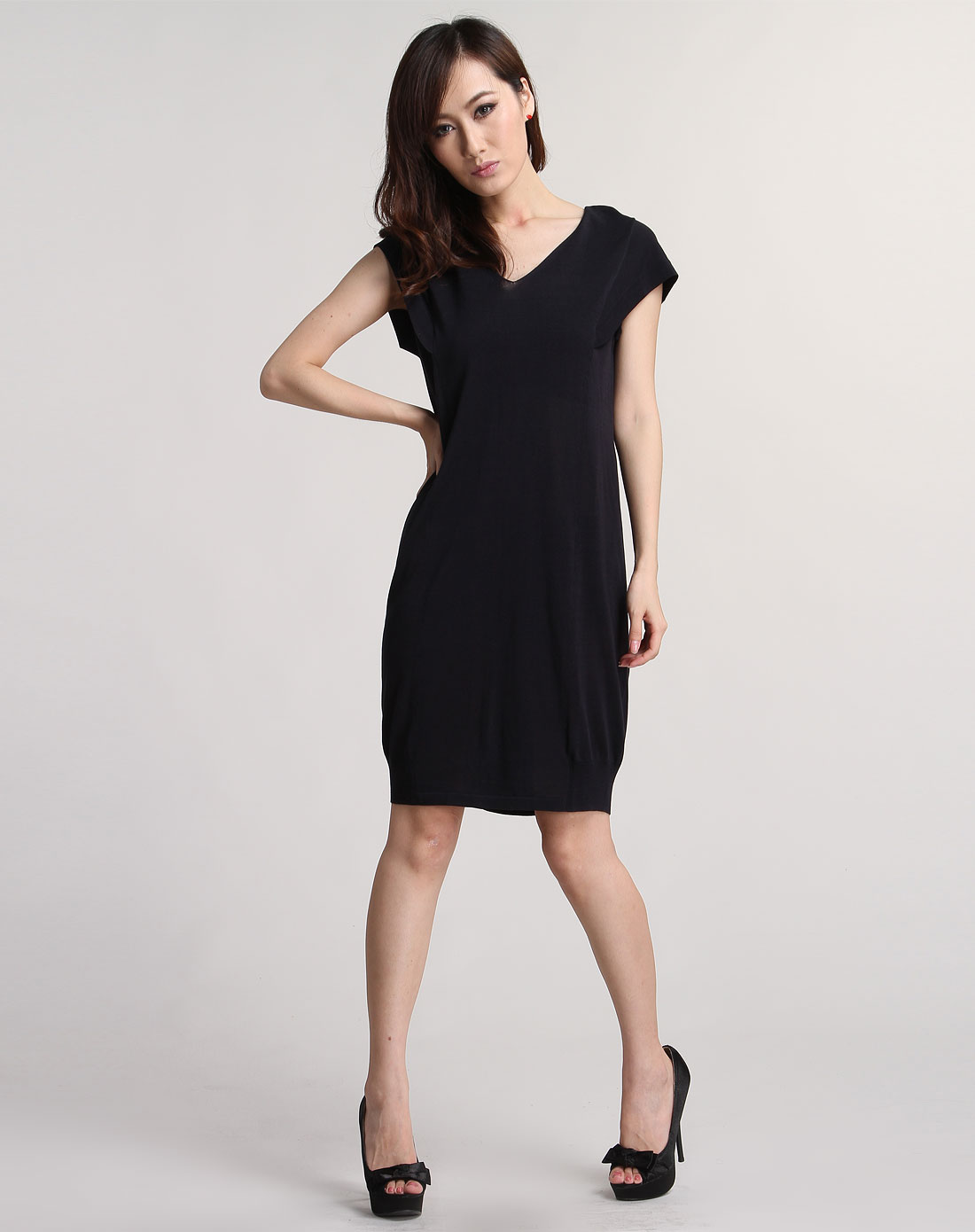 奈蔻nexy.co女装专场深蓝色时尚v领短袖连衣裙