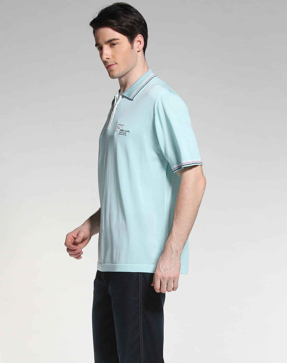 凯撒kaiser男装专场湖水蓝色休闲翻领短袖针织衫