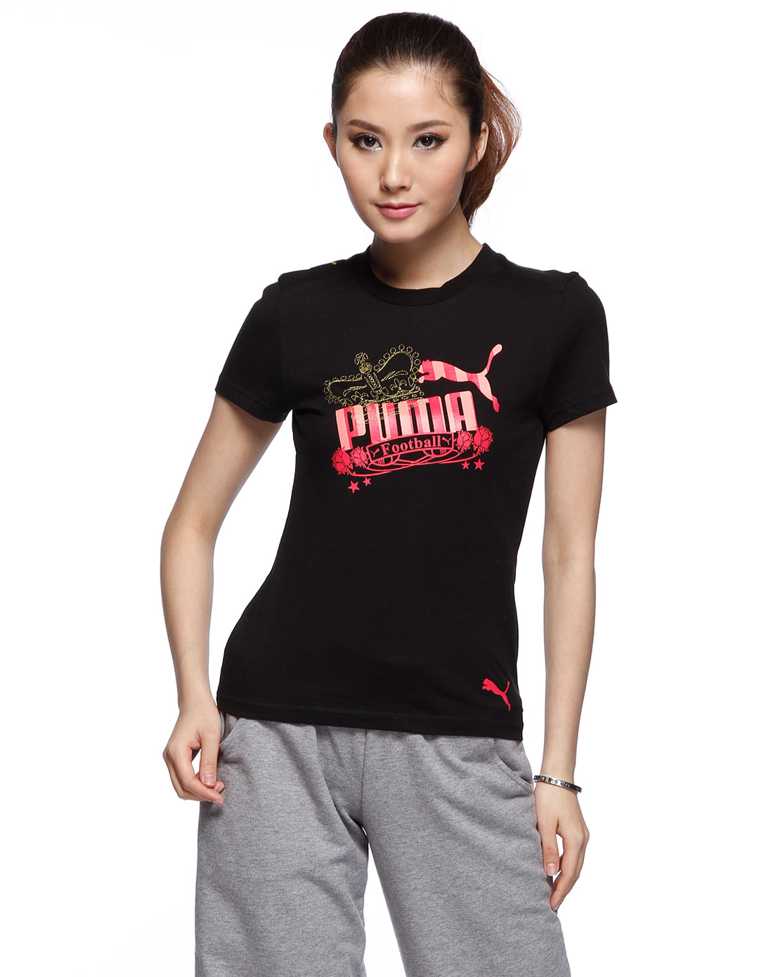 彪马puma女款黑色时尚logo短袖t恤