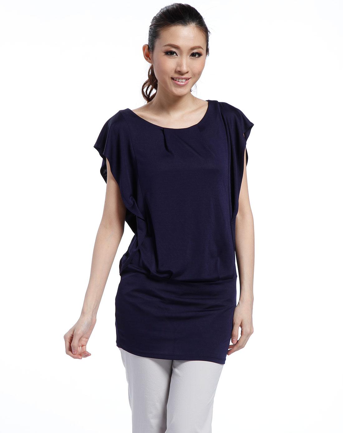 shesmiss 深蓝色短袖时尚长上衣