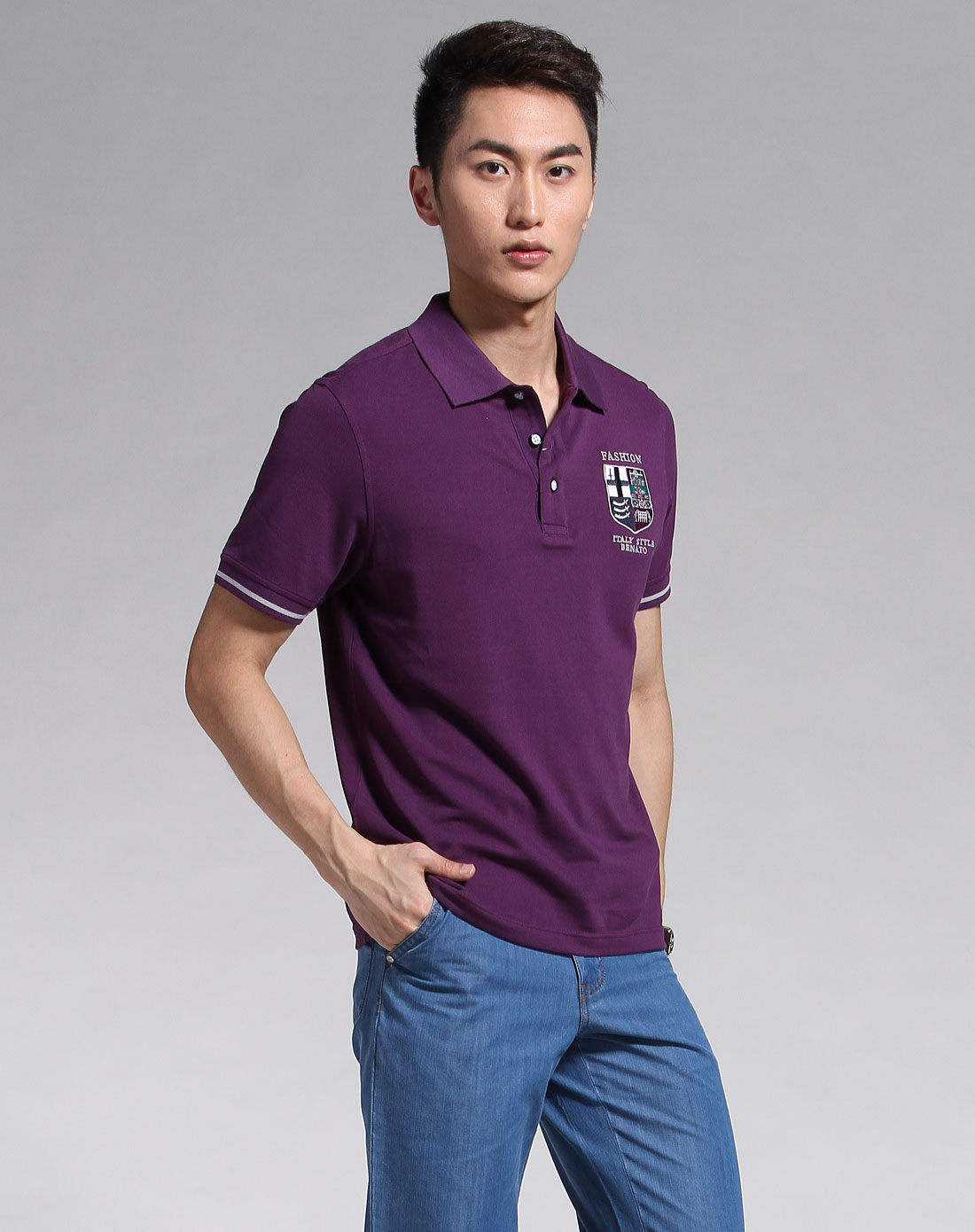 宾度j.benato男装专场紫色绣勋章短袖polo衫