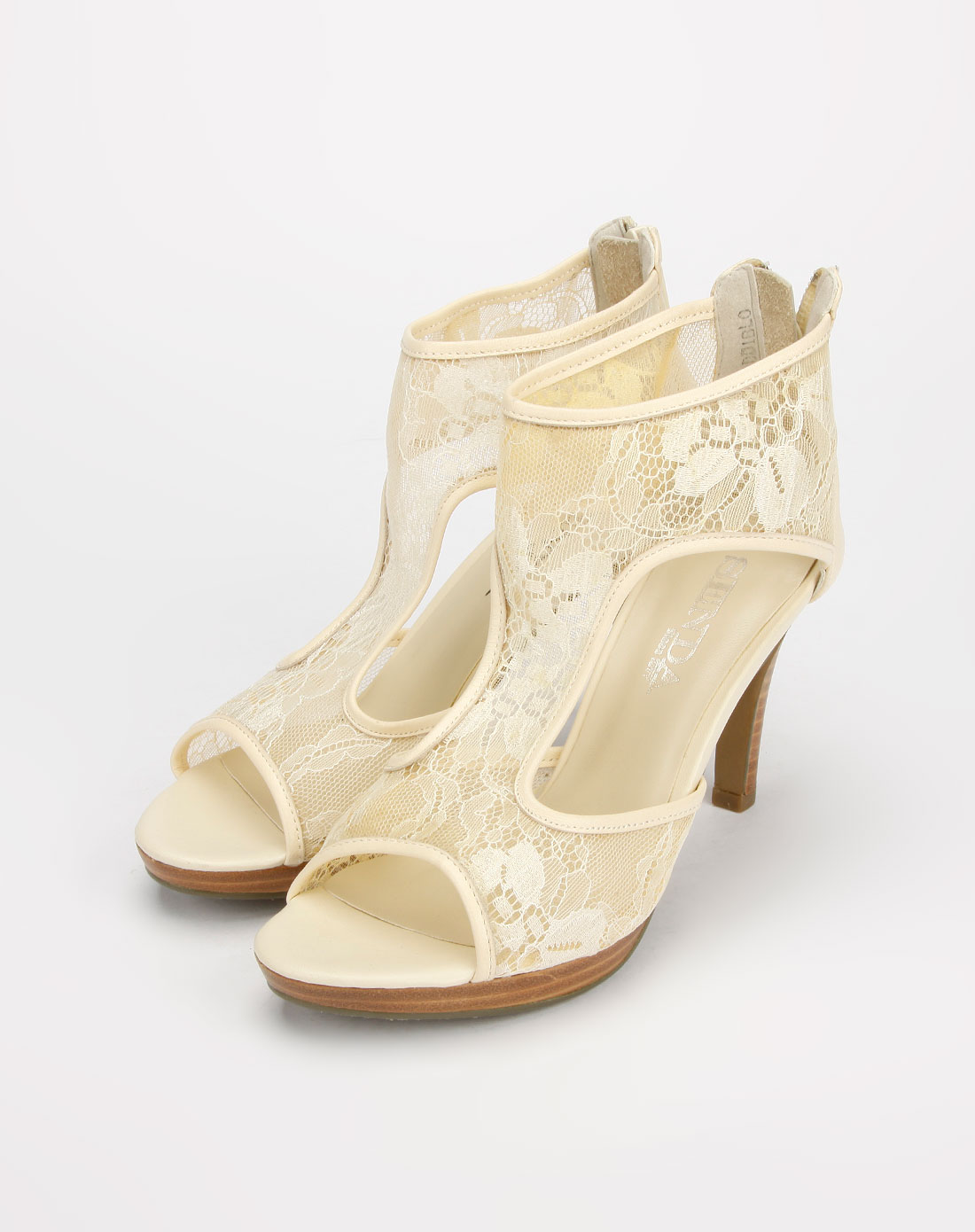 森达senda女款米白色网布高跟凉鞋