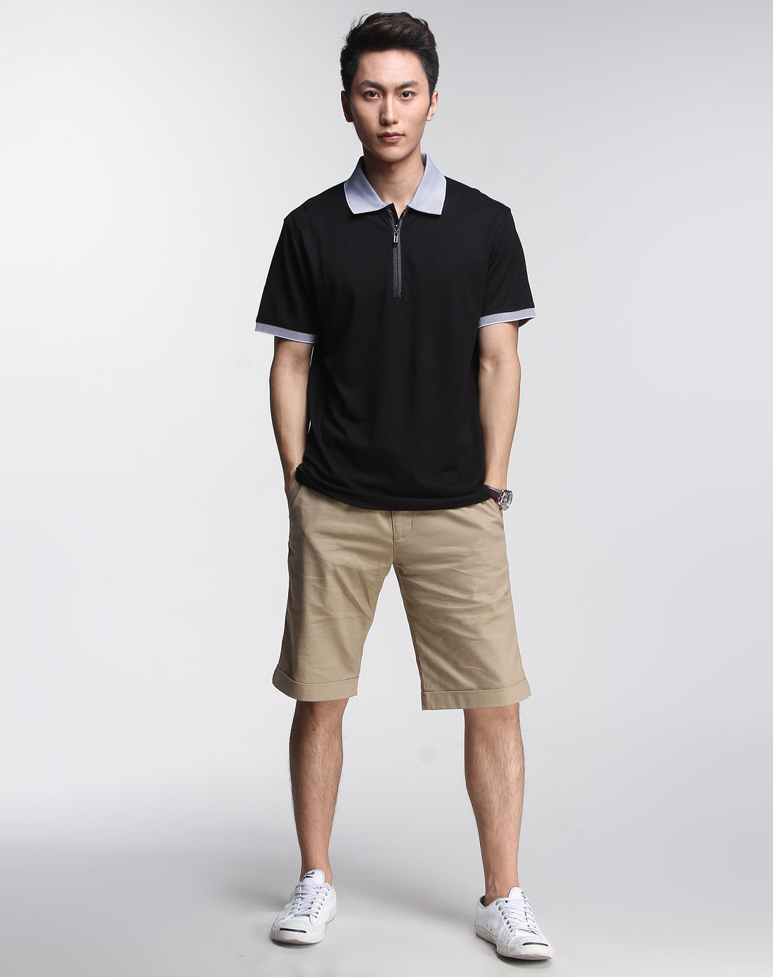 卡宾cabbeen urban男装专场-黑色翻领简约短袖t恤