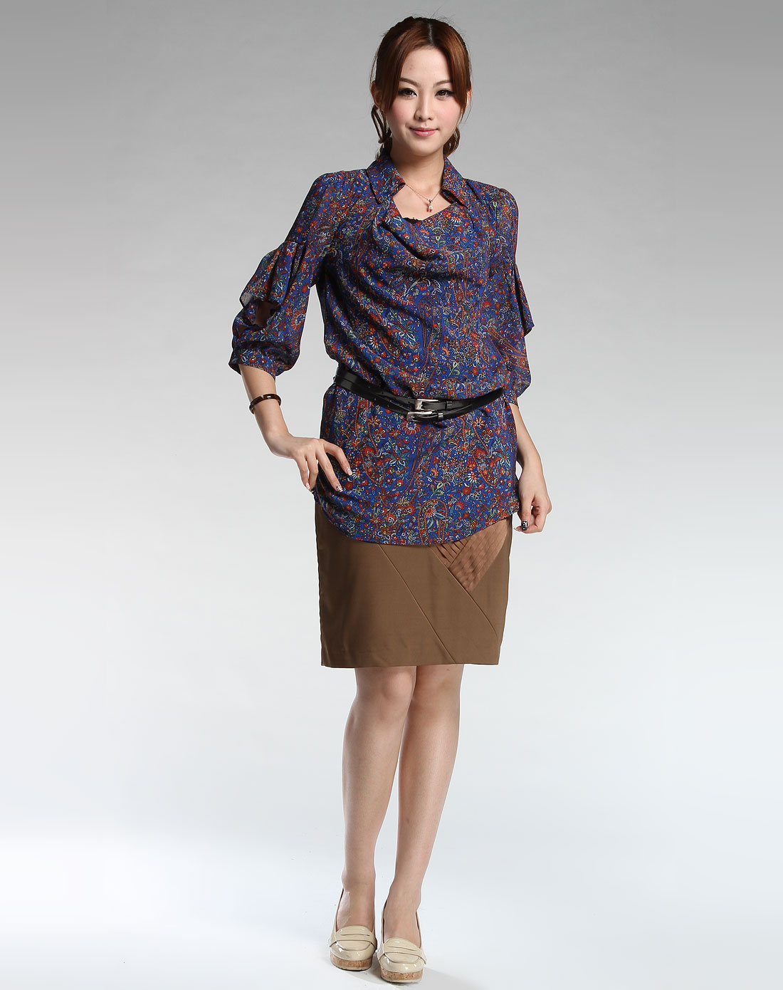 莱茵lime flare女装专场女款深蓝色印花休闲长款短袖衬衫