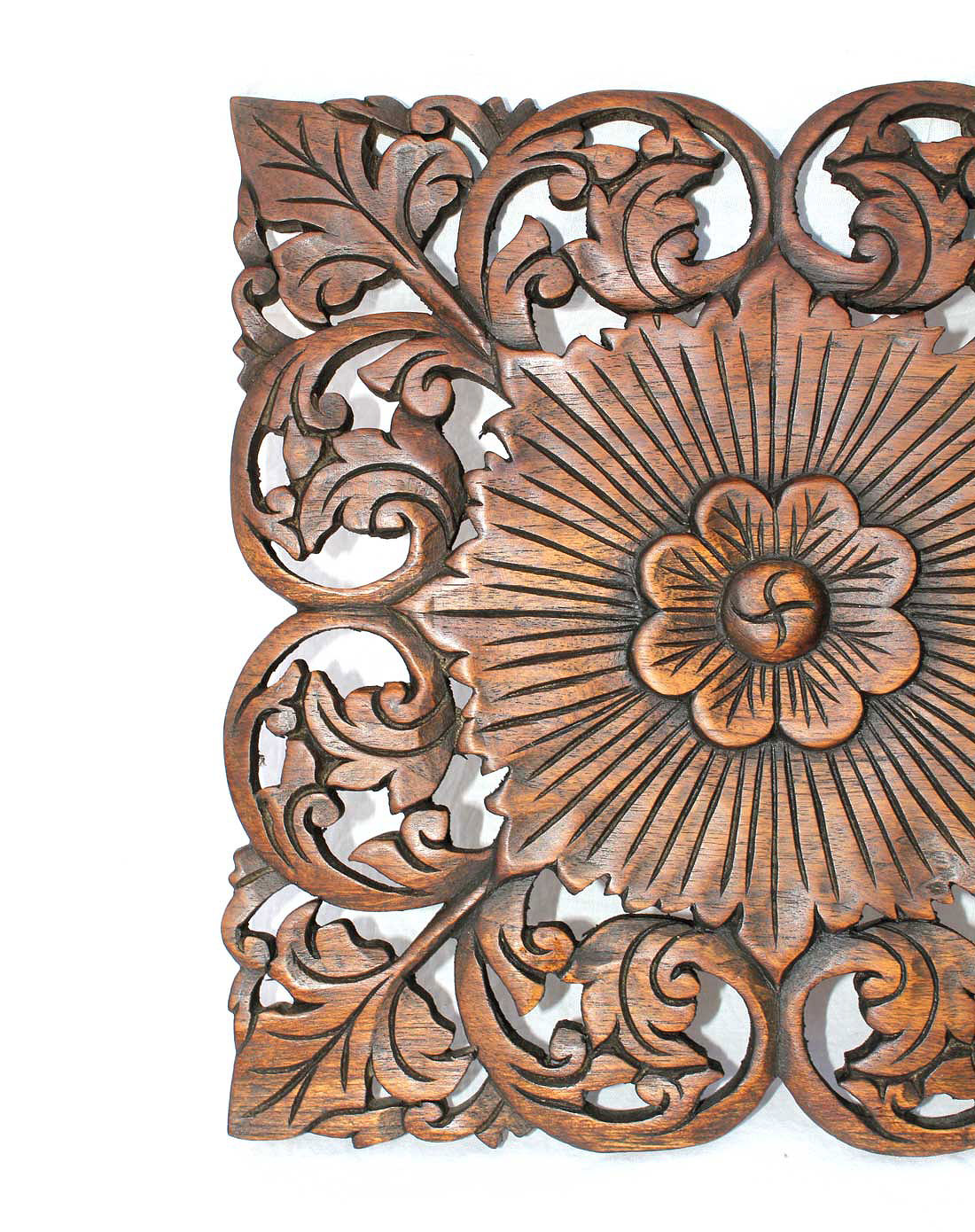 悦木之源泰国天然芒果木木雕挂件方形色花纹