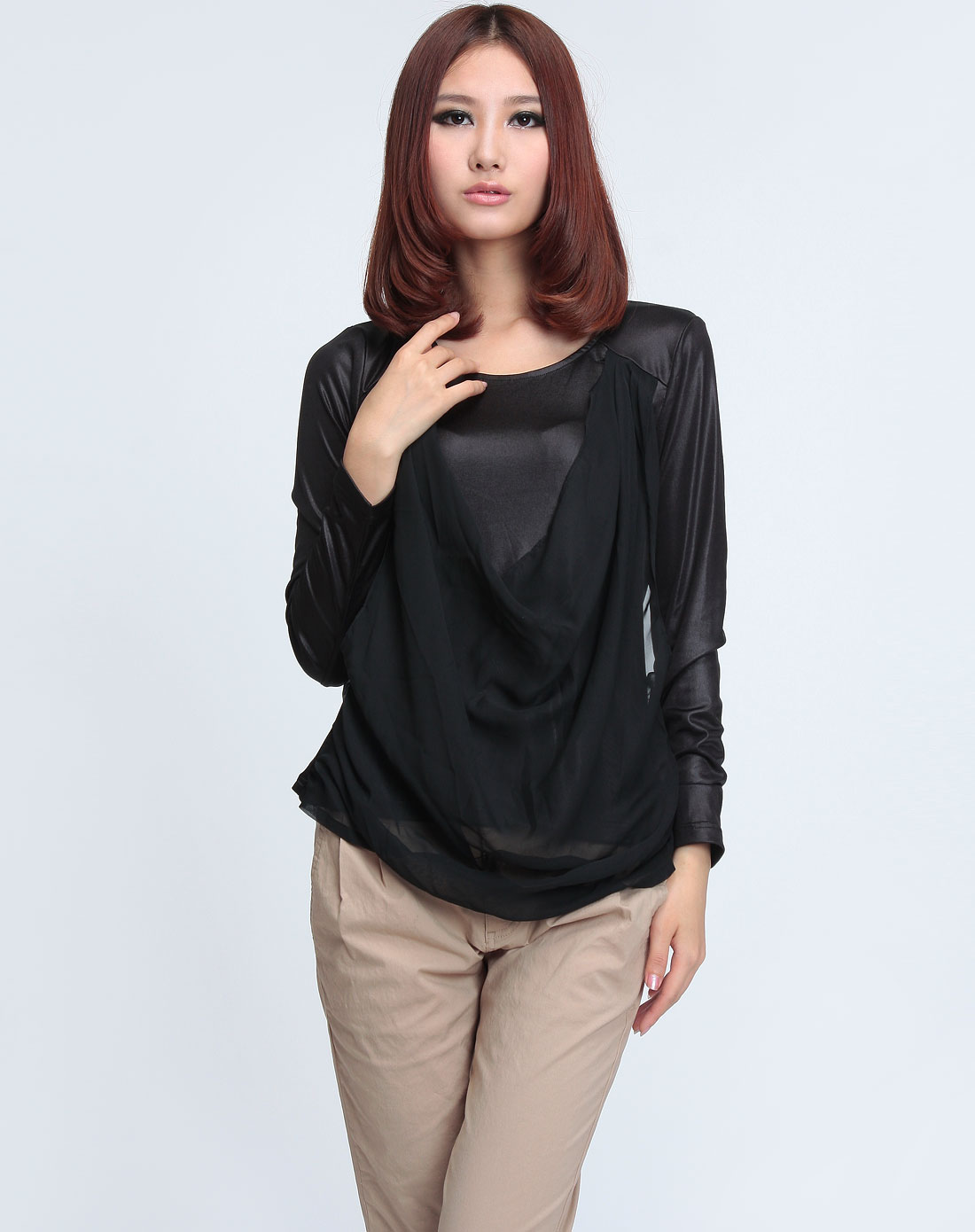 o.x 黑色圆领半透明长袖上衣