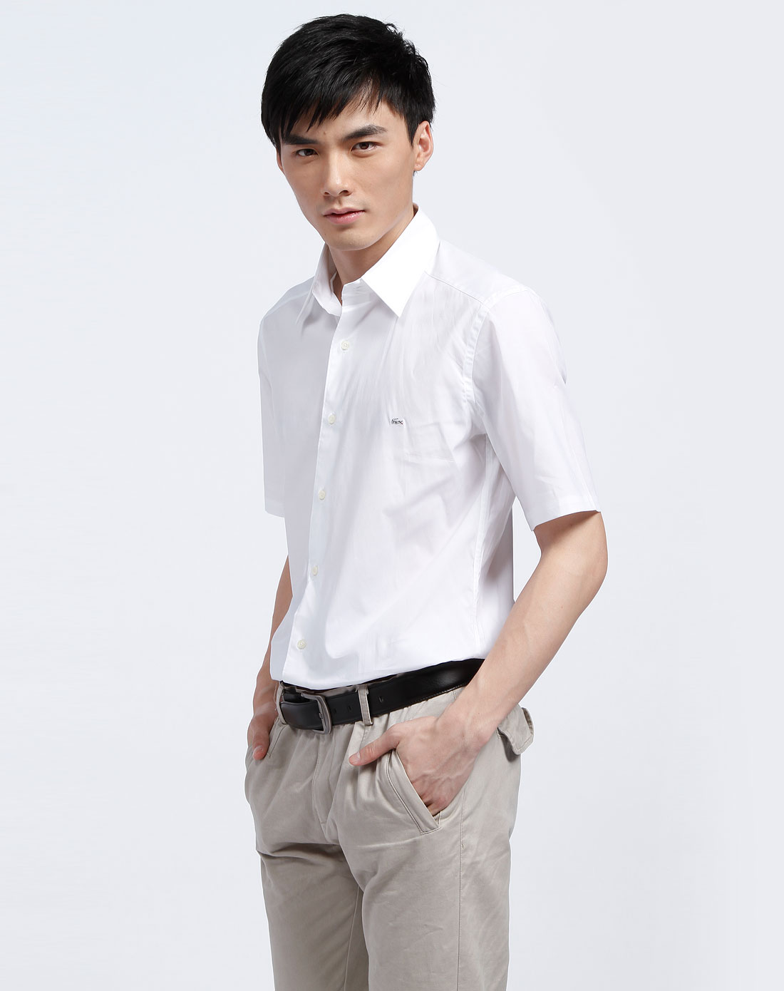 法国鳄鱼lacoste男款纯白色短袖休闲衬衫