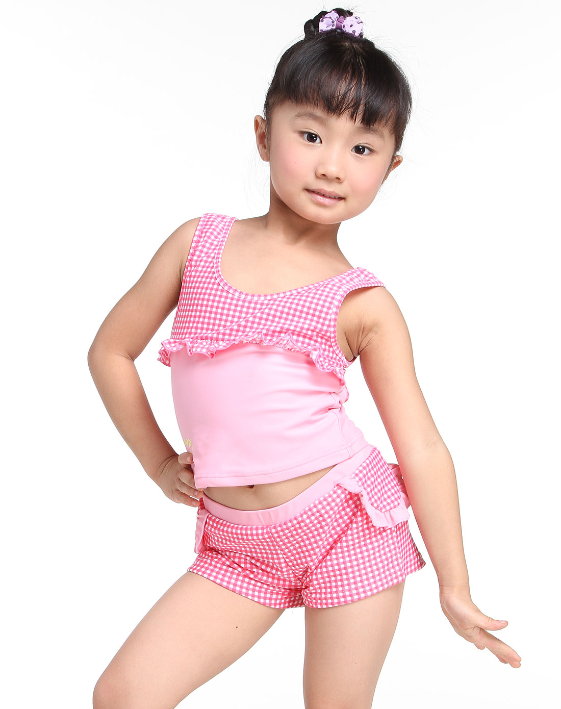女童粉红色格纹背心分体泳衣
