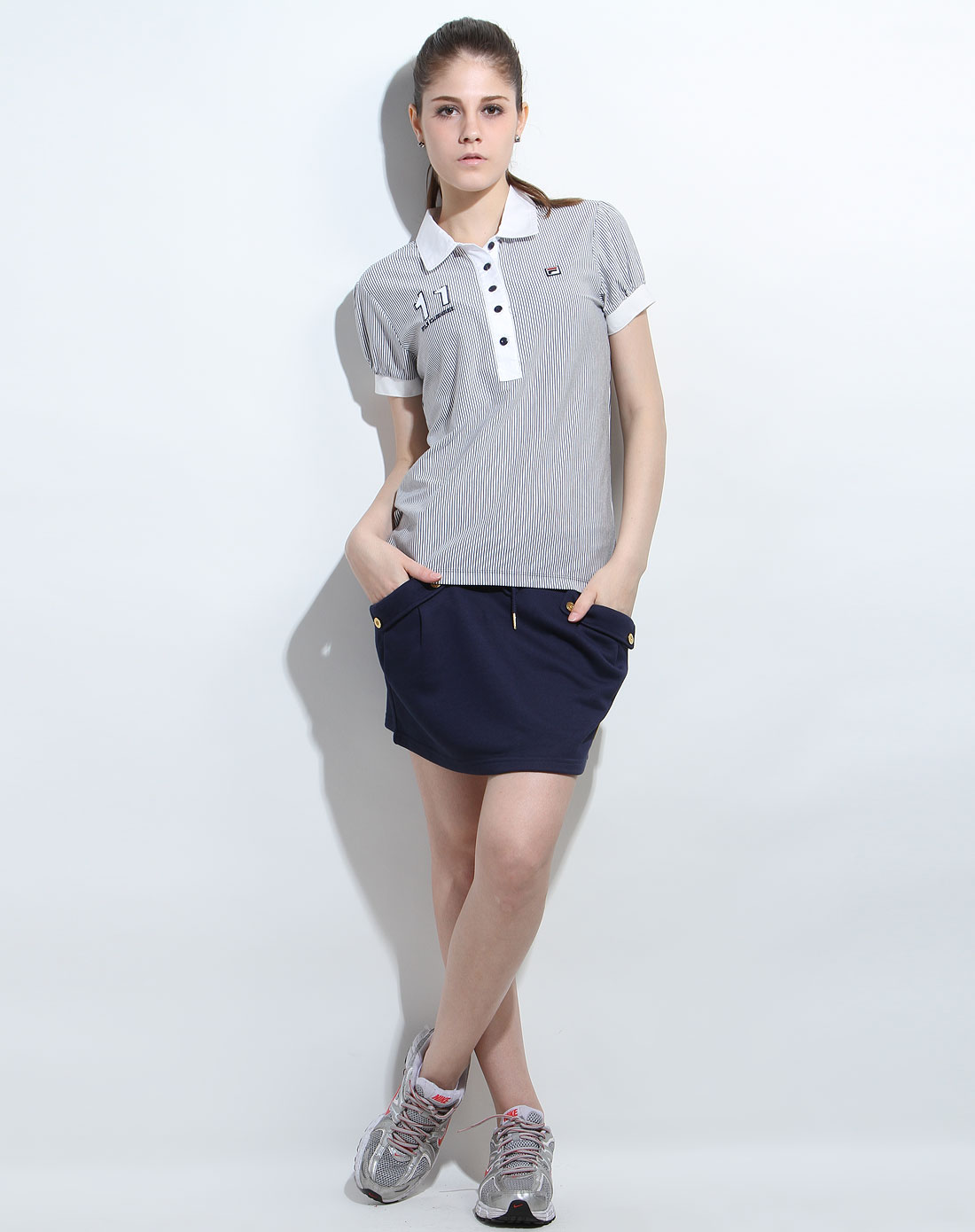 斐乐fila男女装女款深蓝/白色翻领休闲短袖上衣26121114-1_唯品会