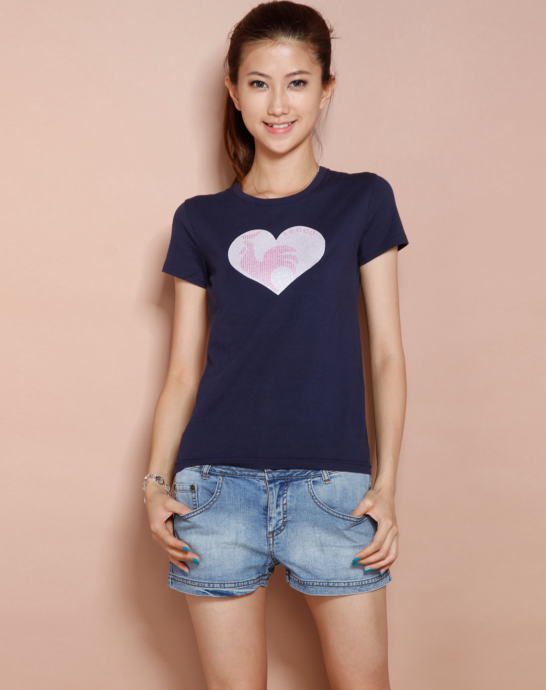 女装库存专场乐卡克 女款深蓝色印花圆领短袖t恤