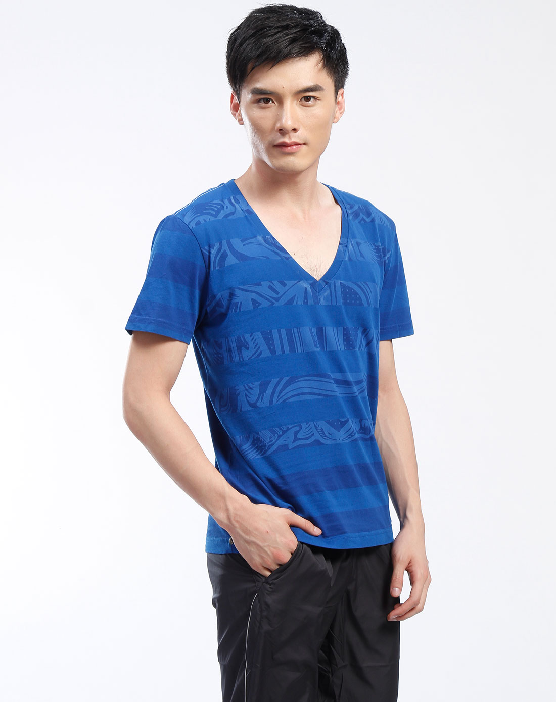 李宁li-ning 深蓝色暗花v领短袖t恤