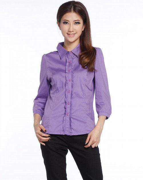 茵佳妮in-colour紫色时尚中袖衬衫