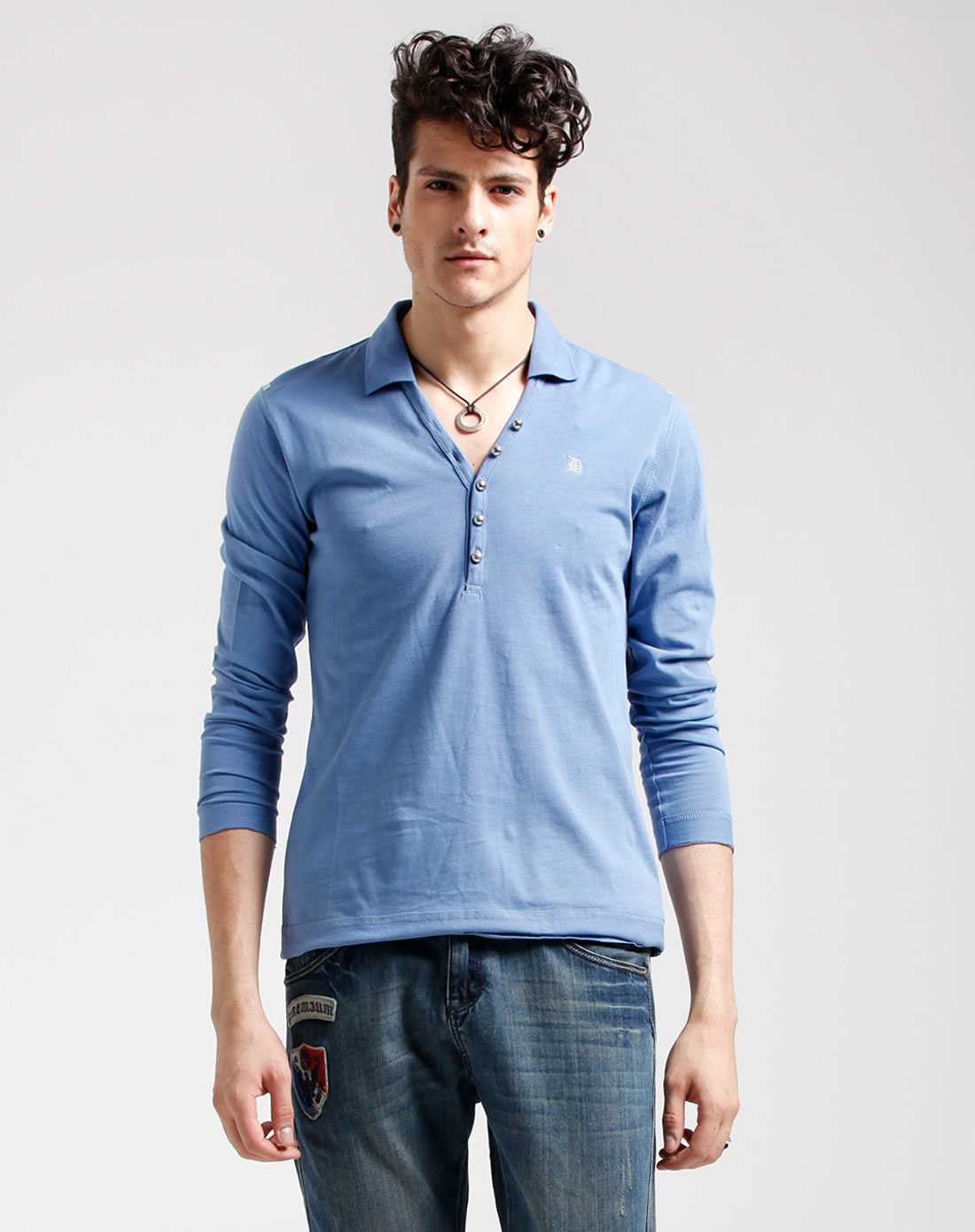 蓝色休闲个性长袖polo衫