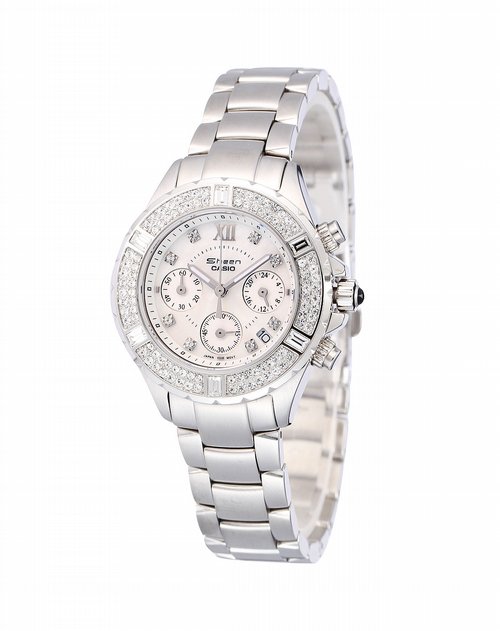 卡西欧casio女款白色华丽镶钻三眼手表