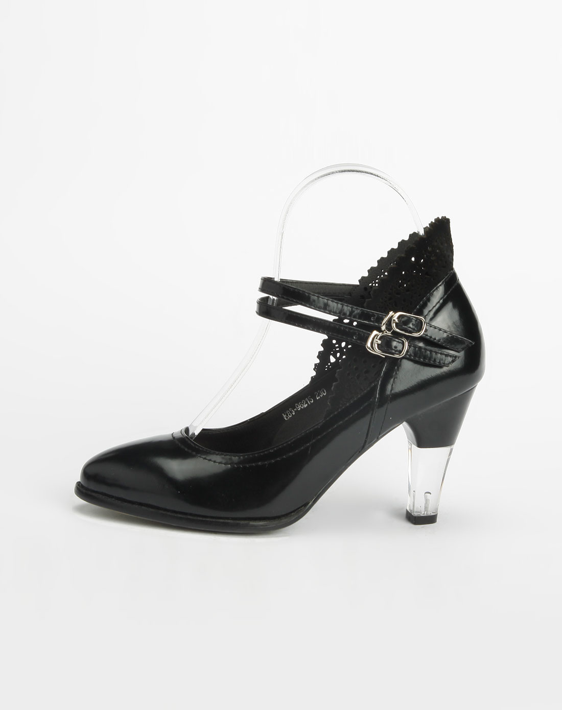 高琪kuuki黑色蕾丝花纹亮面高跟鞋