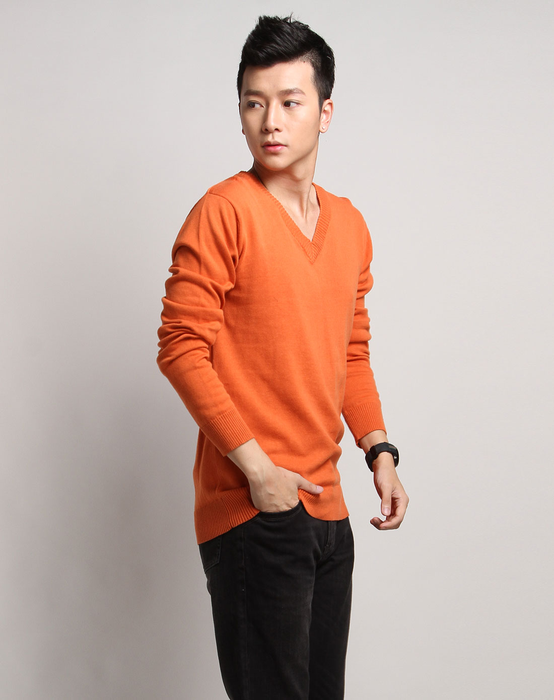 零号男mr.zero男装专场-橙色v领简约休闲长袖针织衫