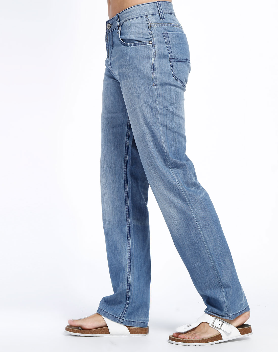 浅蓝色休闲低腰直筒长裤